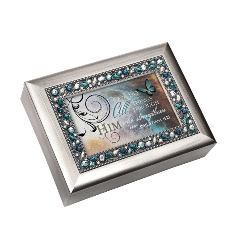 “Can Do All Thing Through Him” Brushed Silvertone Jeweled Music Box